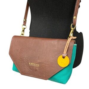 R. Riveter Brown & Teal Patton Crossbody Bag Leather Canvas Adjustable Strap